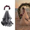 Delicate Headband Wedding Hairband Thin Brimmed Long Tulle& Flower Hair Hoop
