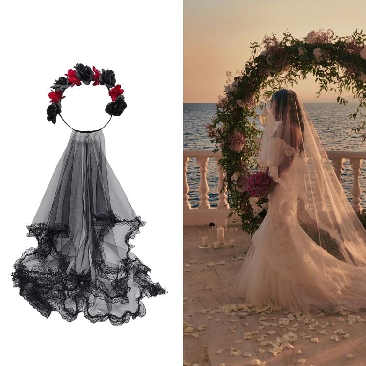 Delicate Headband Wedding Hairband Thin Brimmed Long Tulle& Flower Hair Hoop