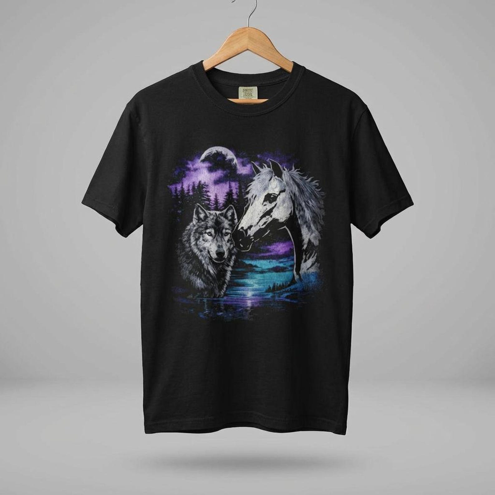 Wolf and Horse Moon T-Shirt | Night Forest Wildlife Scene L