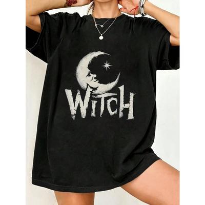 Black Oversized T Shirt Witch Moon And Star Print For Women Casual Streetwear Fashion Summer Outfit