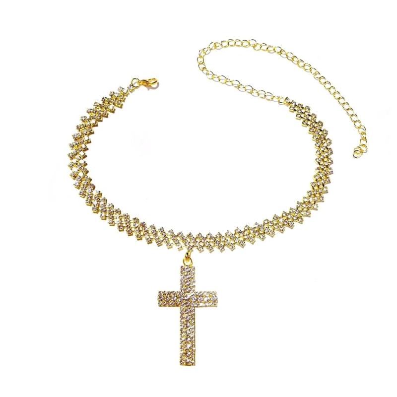 Elegant Bohemian Crucifix Necklace with Copper Chain And Shimmering Crystal Accent Adjustable Length Neckchain золотой