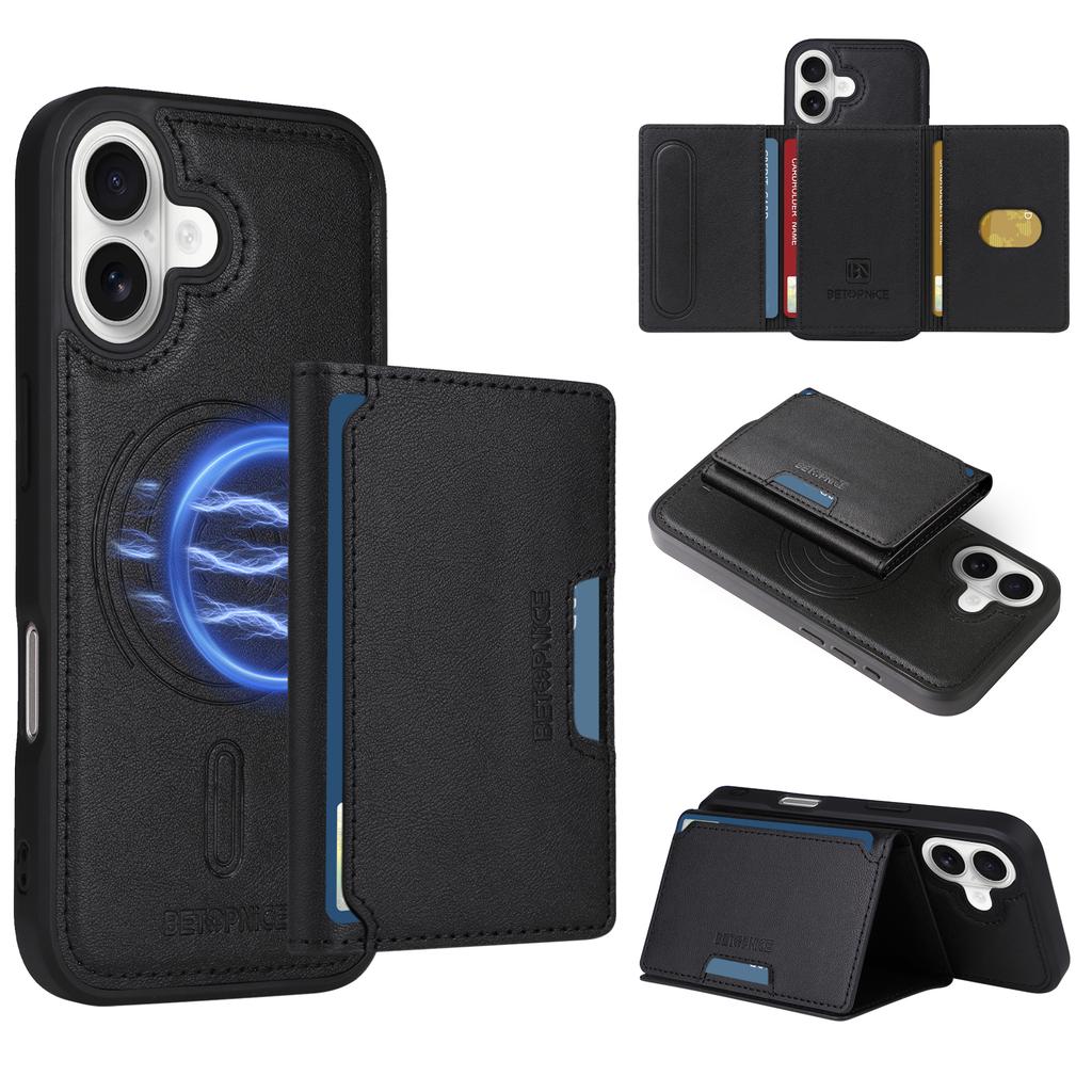 For iPhone 16 Magnetic Case BETOPNICE Leather Phone Cover Kickstand with Detachable Card Bag