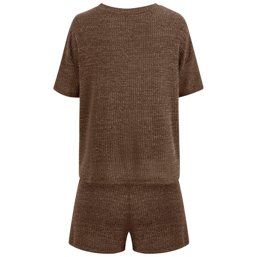 Summer Women'S Casual Style Loose Round Neck Solid Color Short Sleeved Top And Shorts Set