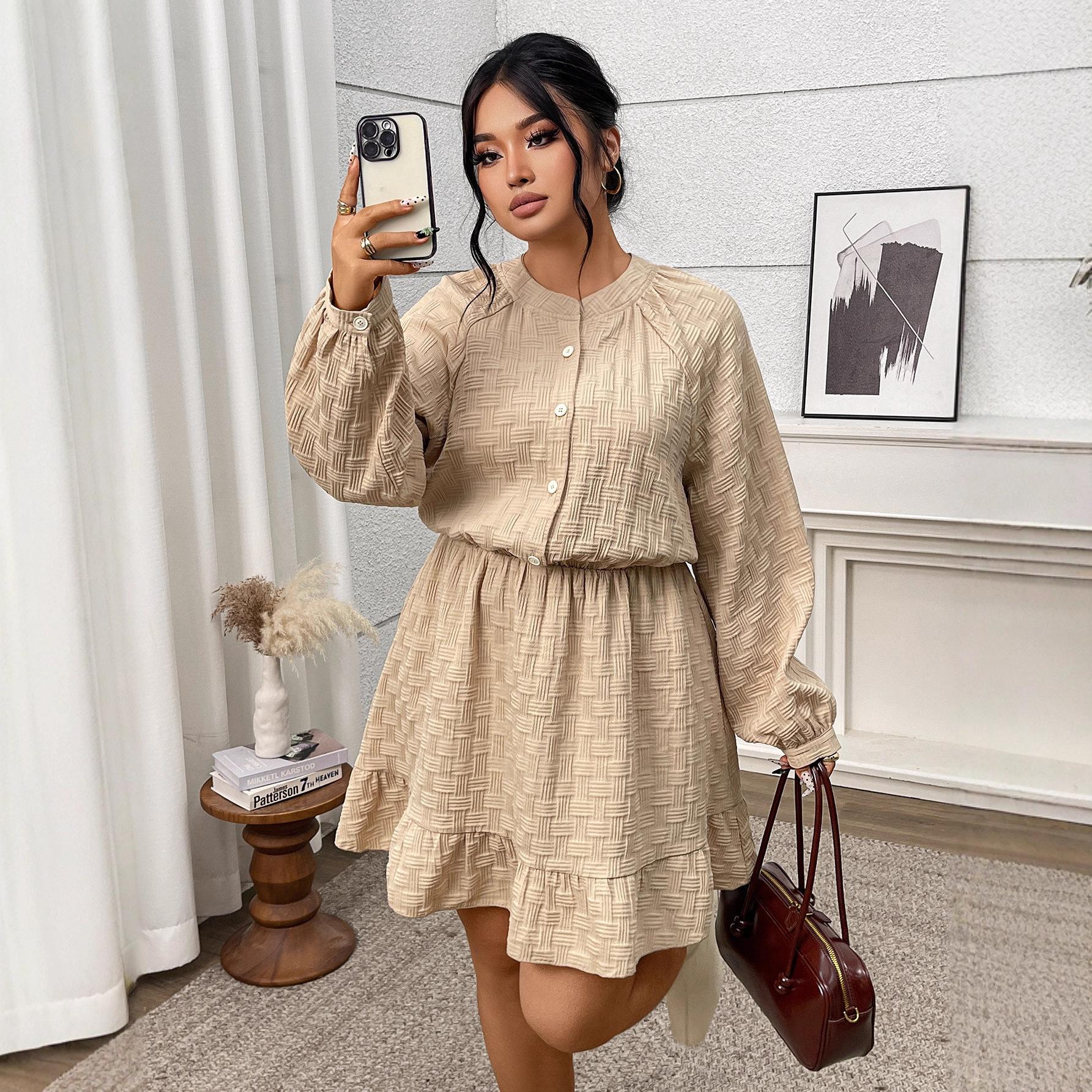 

Autumn and Winter New Collection of Dresses: Retro Jacquard Dress Women s Cinched Waist Puffed Sleeves A-line Dress 4XL абрикосовый