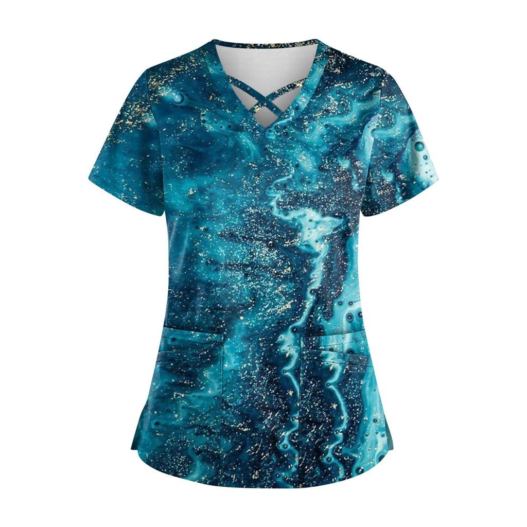 Plus size bonito impresso esfrega uniforme de trabalho topos para mulheres cruz com decote em v manga curta diversão camisetas workwear t com bolsos