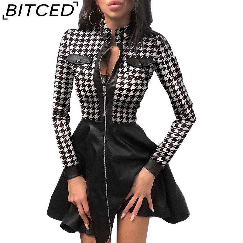 

BITCED Women s Autumn and Winter Long Sleeve V-Neck Zip PU Pocket Dresses