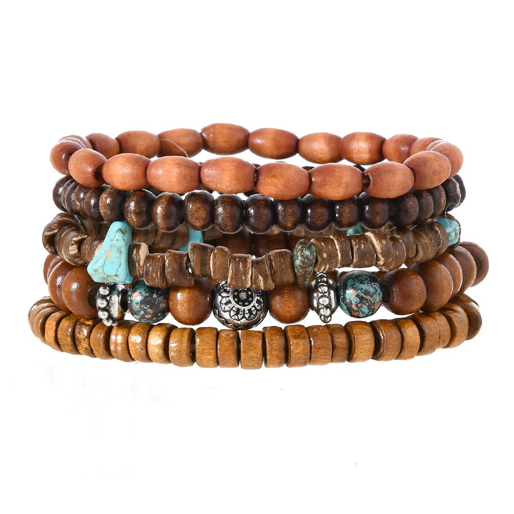 

Многослойный эластичный набор браслетов из бирюзовых деревянных бусин - Ретро европейский и американский стиль, 5 штук