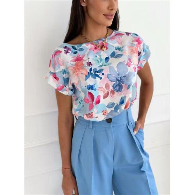 

Summer Women Blouse Casual Fashion Ladies Print Tops Print Tops Colored flowers on white background S