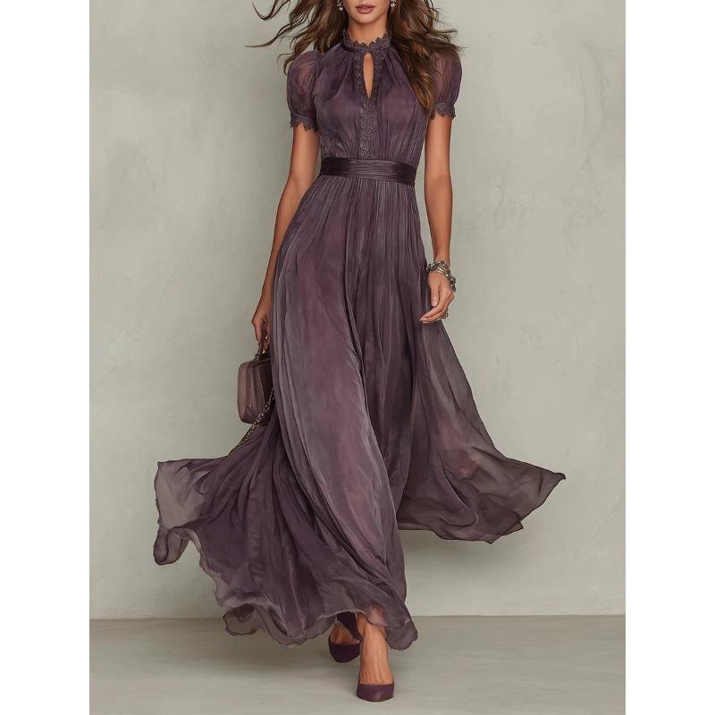 TIFICY Women's Fashion Summer Spring Solid Color Print Short Sleeve Stand-Neck High Waist Casual Dresses