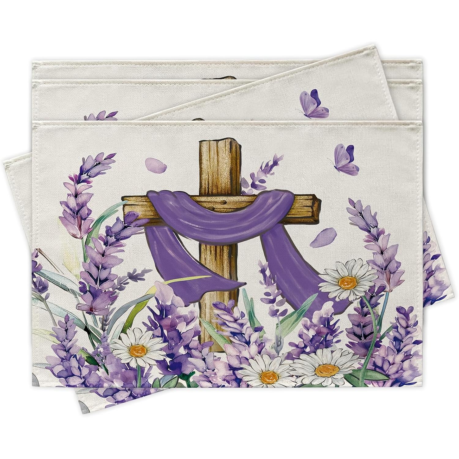 

4pcs, Placemats, Easter Religious Cross Flower Pattern Table Mats Set, Spring Summer Lavender Daisy Floral Faith Christian Dinin 30x45cm-4PC