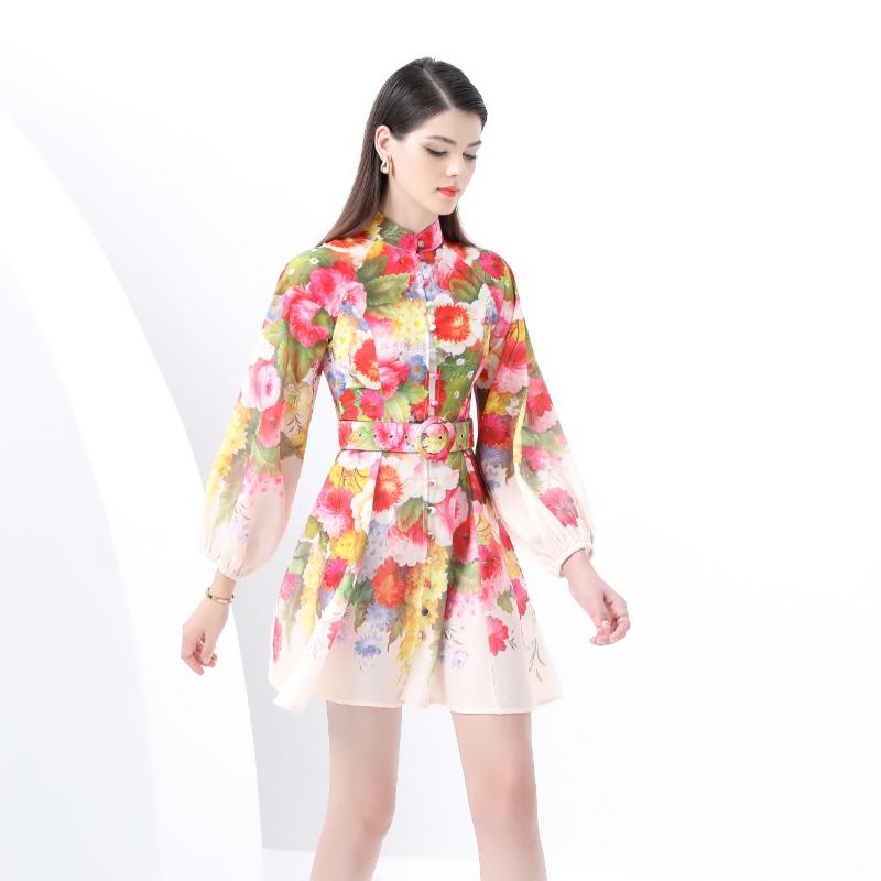 Frühling Sommer Damen Stehkragen Vintage Print Laternenärmel Mini Kurz Urlaubs Strandkleider mit Gürtel