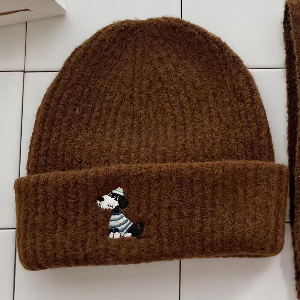 Puppy Embroidered Scarf, Hat, Headgear, Female Autumn and Winter Warm Face Small Knitted Wool Hat Outdoor Leisure