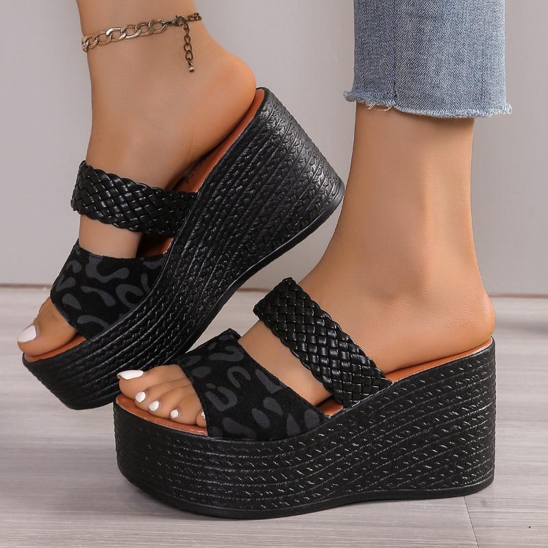 Leopard Print Open-Toe Platform Slippers for Women, Plus Size Thick-Soled Slippers
