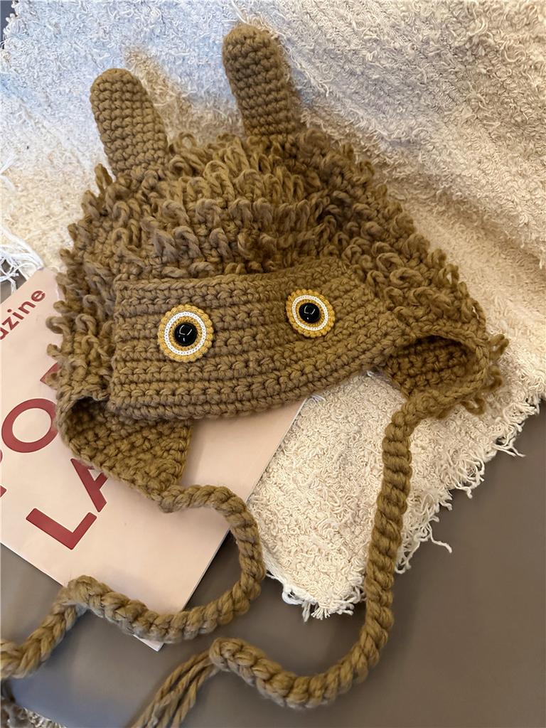 Green Funny Big Eyes Handmade Wool Knitted Hat Female Autumn And Winter Cute Little Monster Versatile Face Small Ear Protection Hat