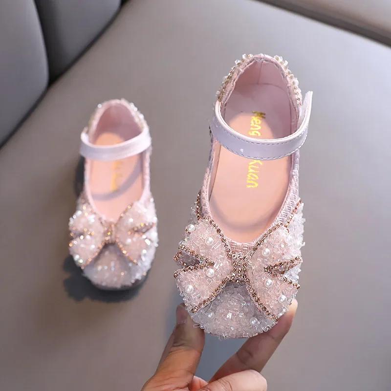 Spring Summer Runway Casual Girls Butterfly-knot Dancing Shoes Pearl Gorgeous Rhinestone Upper Mary Jane Shoes Kids I02051 21 розовый