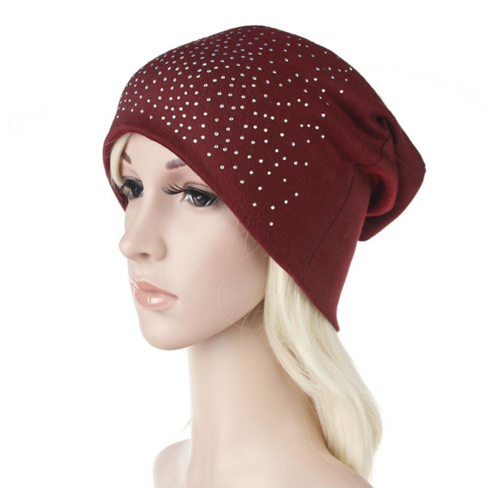 Women Soft Knitted Cotton Beanies Hot Drilling Sleep Cap for Hairloss Cancer Chemo