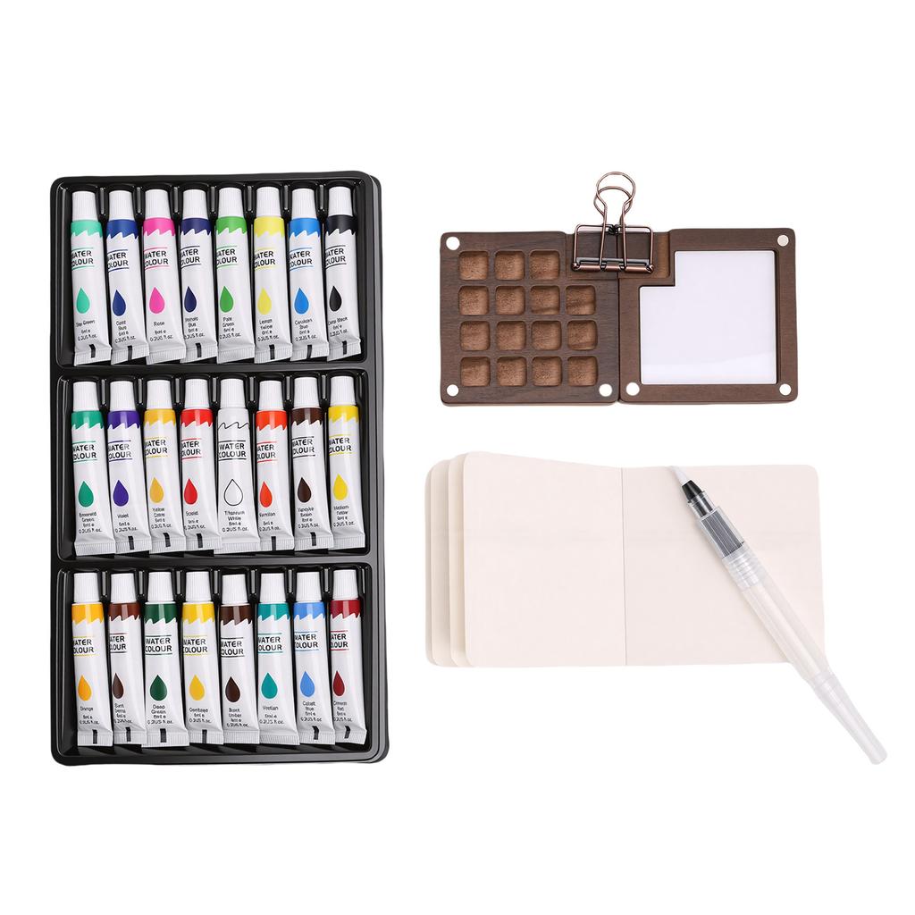 Mini Watercolor Paint Set 15 Grid Wood Palette 24 Colors Portable Sketchbook Painting Kit Watercolor Travel Set