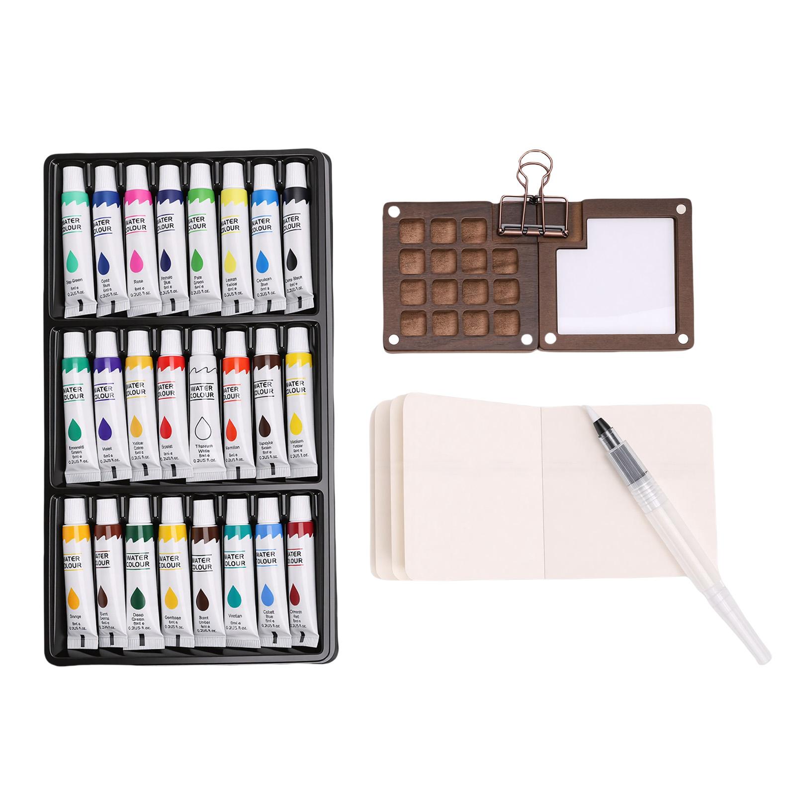 

Mini Watercolor Paint Set 15 Grid Wood Palette 24 Colors Portable Sketchbook Painting Kit Watercolor Travel Set Type 1