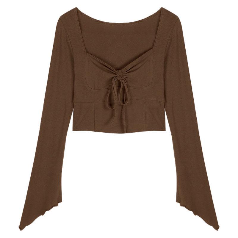 

Осенний плиссированный топ с V-образным вырезом и рукавами-колокольчиками, приталенного силуэта для девочек One Size