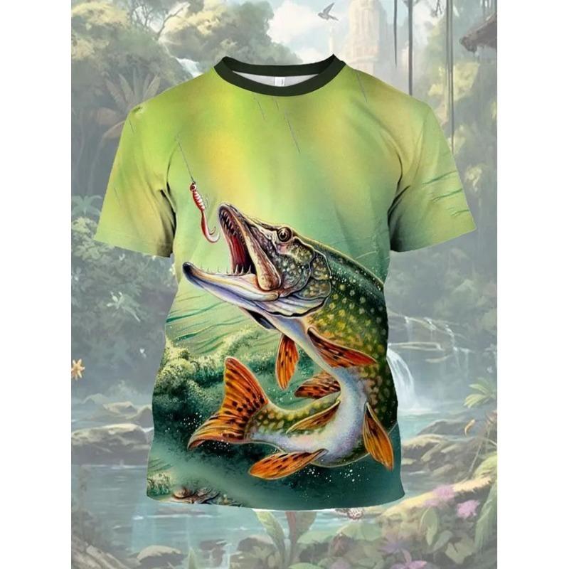Summer Men's Fishing T-Shirts Short Sleeve 3d Fish Print Street T-Shirts Hip Hop Big Size Man Tees Loose Casual O-Neck Tops