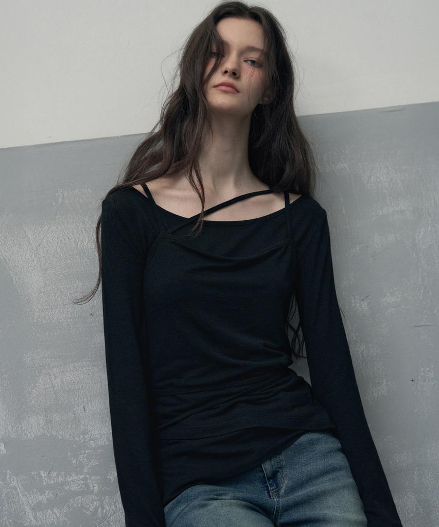 Ledeoli Double Strap Layered Sleeveless Top Set [Black]