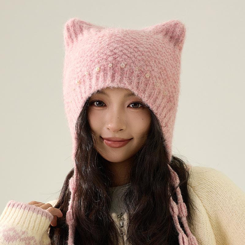 Perlenquasten Bärenohren Strickmütze Damen Winter Ohrenschutz Warme Wollmütze