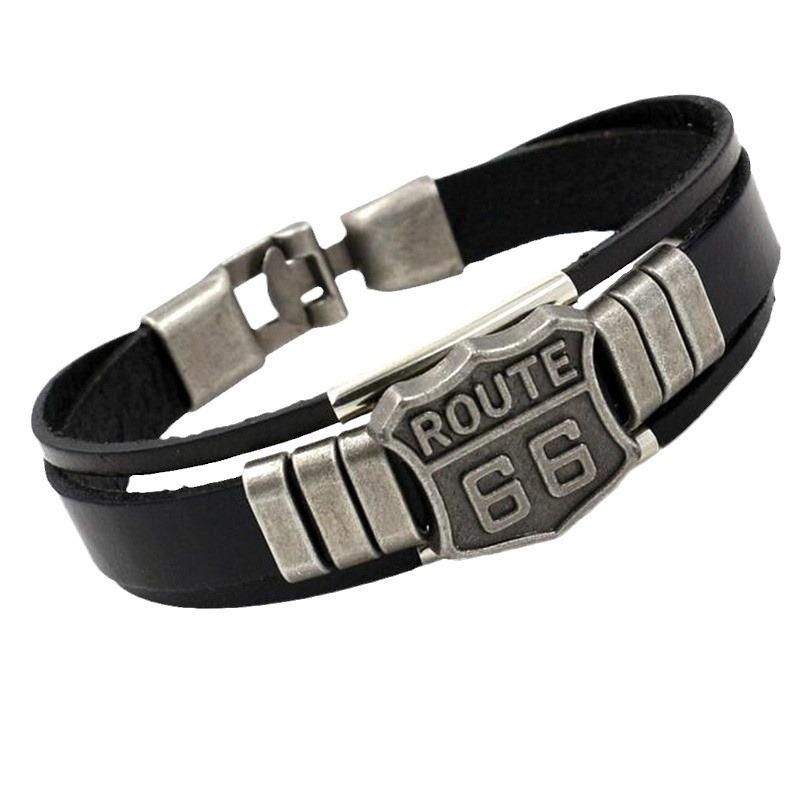 Módní americký vzor Route 66 Náramek Pánský náramek Kovový Vícevrstvý kožený náramek Doplňky
