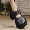 Johnature Genuine Leather Thick Soled Shoes Retro Versatile Buckle Strap Thick High Heels Women's Shoes