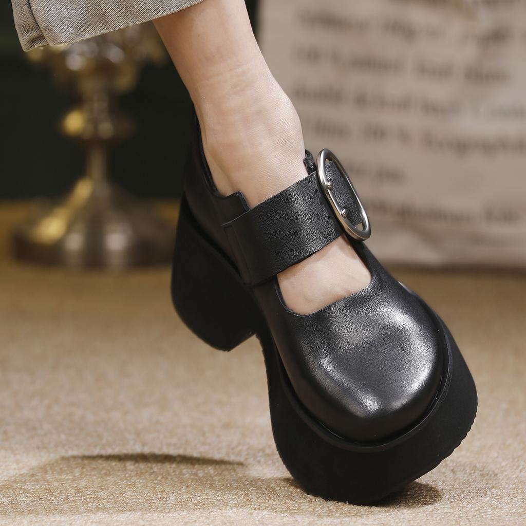 Johnature Genuine Leather Thick Soled Shoes Retro Versatile Buckle Strap Thick High Heels Women's Shoes