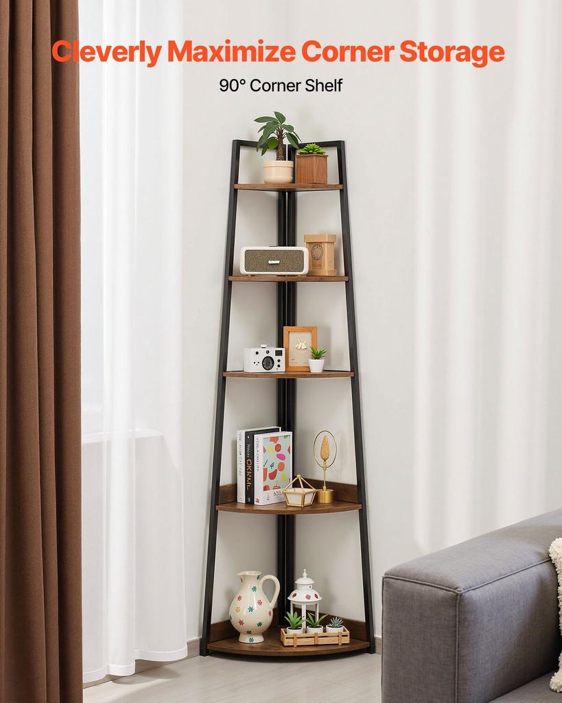 5 Tier Corner Shelf, Tall Corner Bookshelf Plant Rack, Wall Shelves Tower Storage Organizer with Metal Frame & Wooden Shelves, Narrow Display Book