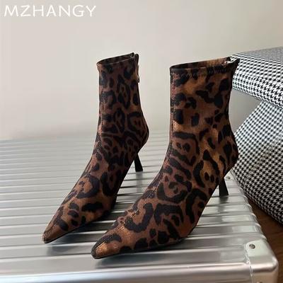 Fashion Women Pointed Toe Ankle Boots Leopard Sexy High Heels Shoes Woman 2024 Trend Snow Boots Pumps Party Winter New Fad Mujer Botas