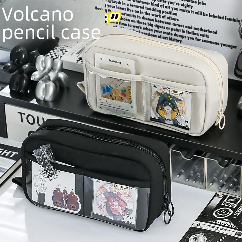 "2024 Volcano Transparent & Dirt-Resistant Pencil Case for Female Students - Large Capacity, High-Value Stationery Box"