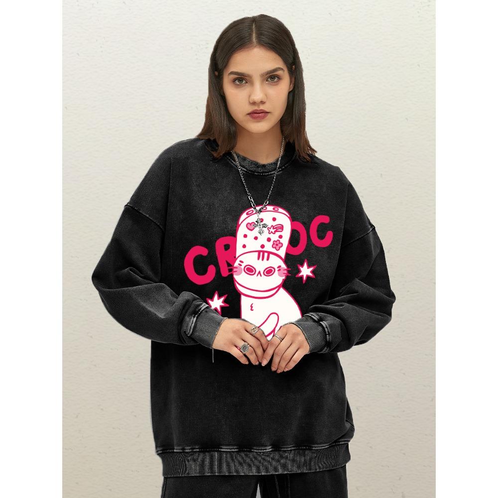 Interesting Slippers Cartoon Cat Pattern Washed Pullovers Women Casual Cotton Sweatshirt Sportswear Loose Couple Clothes