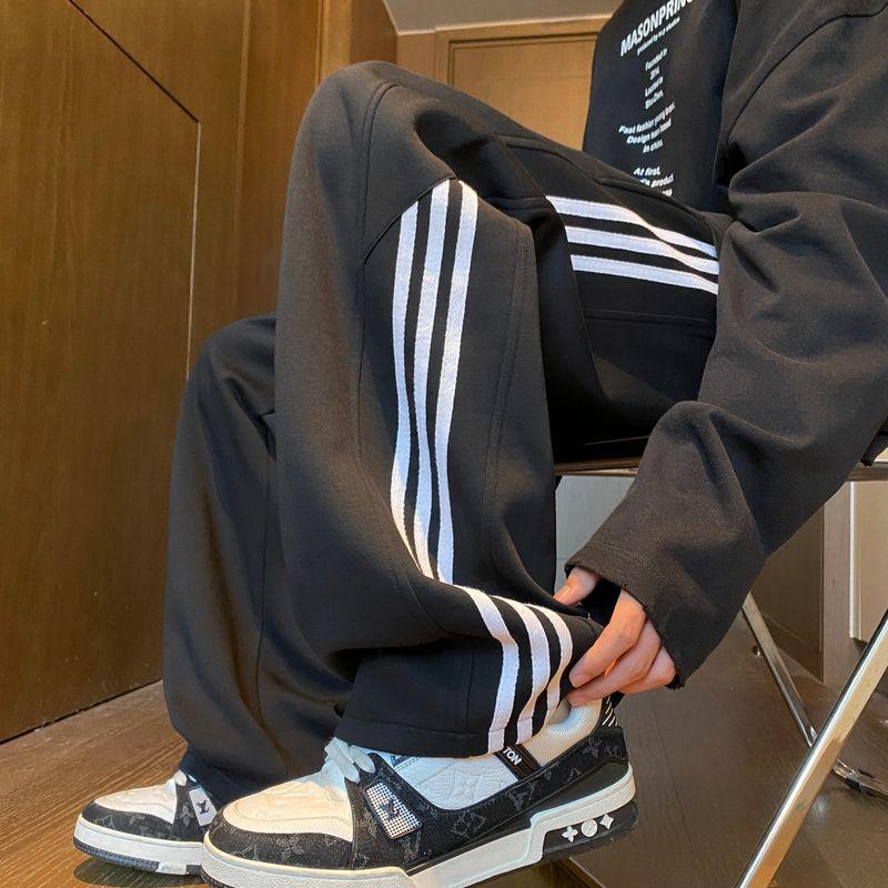 High Street Striped Casual Pants for Men, Autumn and Winter American Style, Cool Wide-Leg Sports Sweatpants, Trendy Brand Versatile Floor-Length Pants