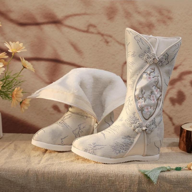 Winter Warm Mid-Calf Boots for Women Slip On Faux Fur Lining Embroidered Snow Booties Women's Comfortable Fleece Lined Side Zipper Walking Boots Shoes