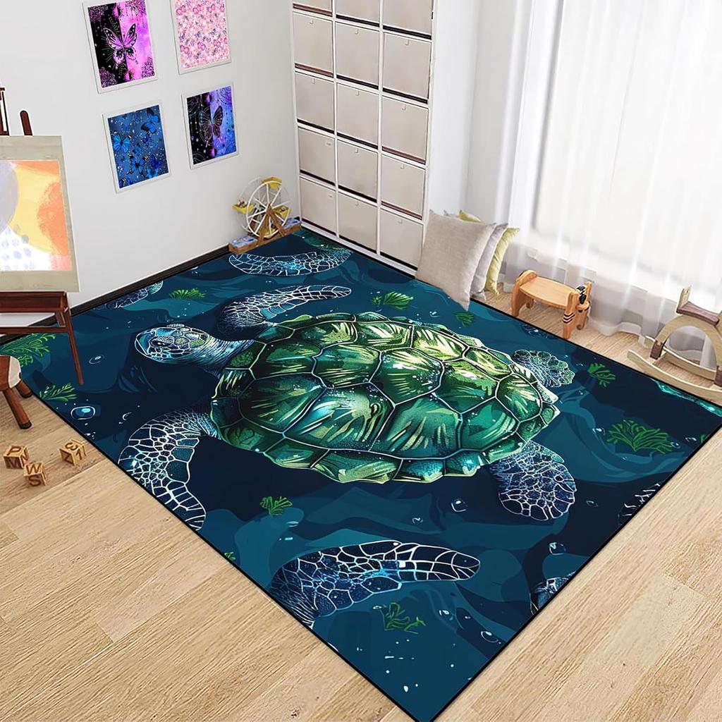 Green Sea Turtle Area Rug for Kids and Adults, Ocean Animal Print Carpet, Coastal Decor Non-Slip Rug for Bedroom and Living Room