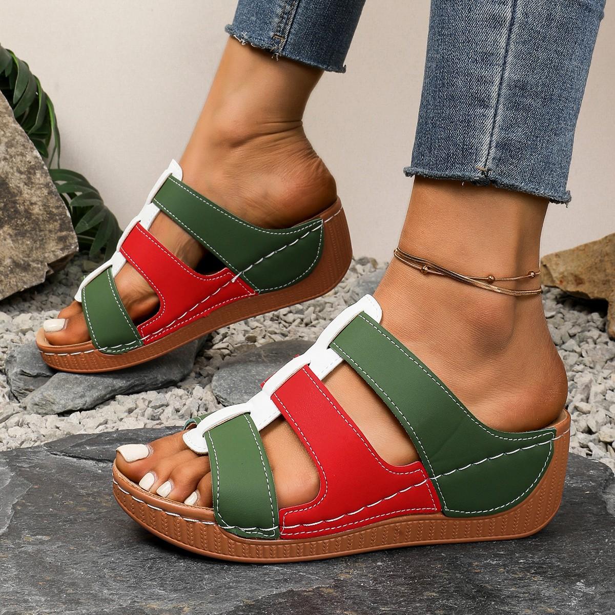 

Fashion Summer 2025 new fashionable European and American export large-sized sewn fish mouth color-blocked beach flip-flops 43 зелёный