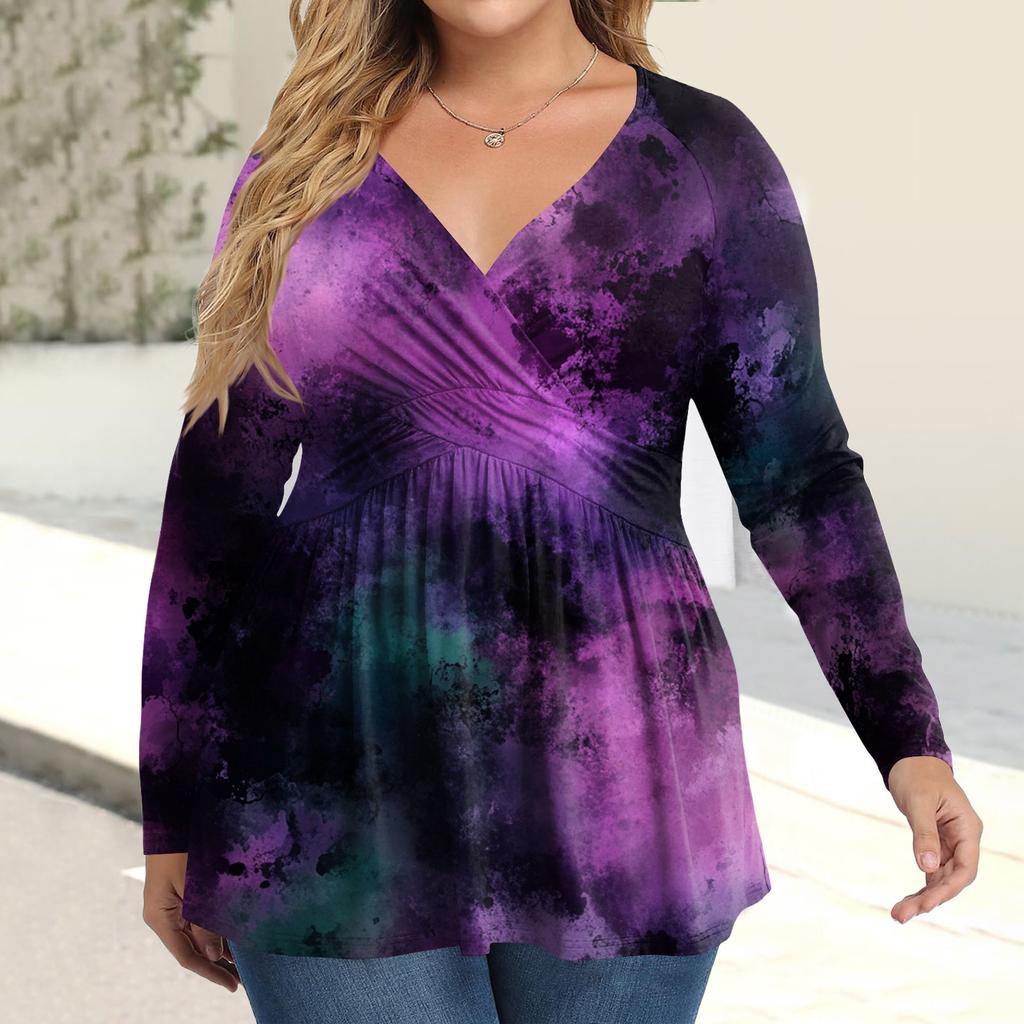 Women's Plus Size Shirt Long Sleeve  Print Top Pleated Casual V-Neck Top