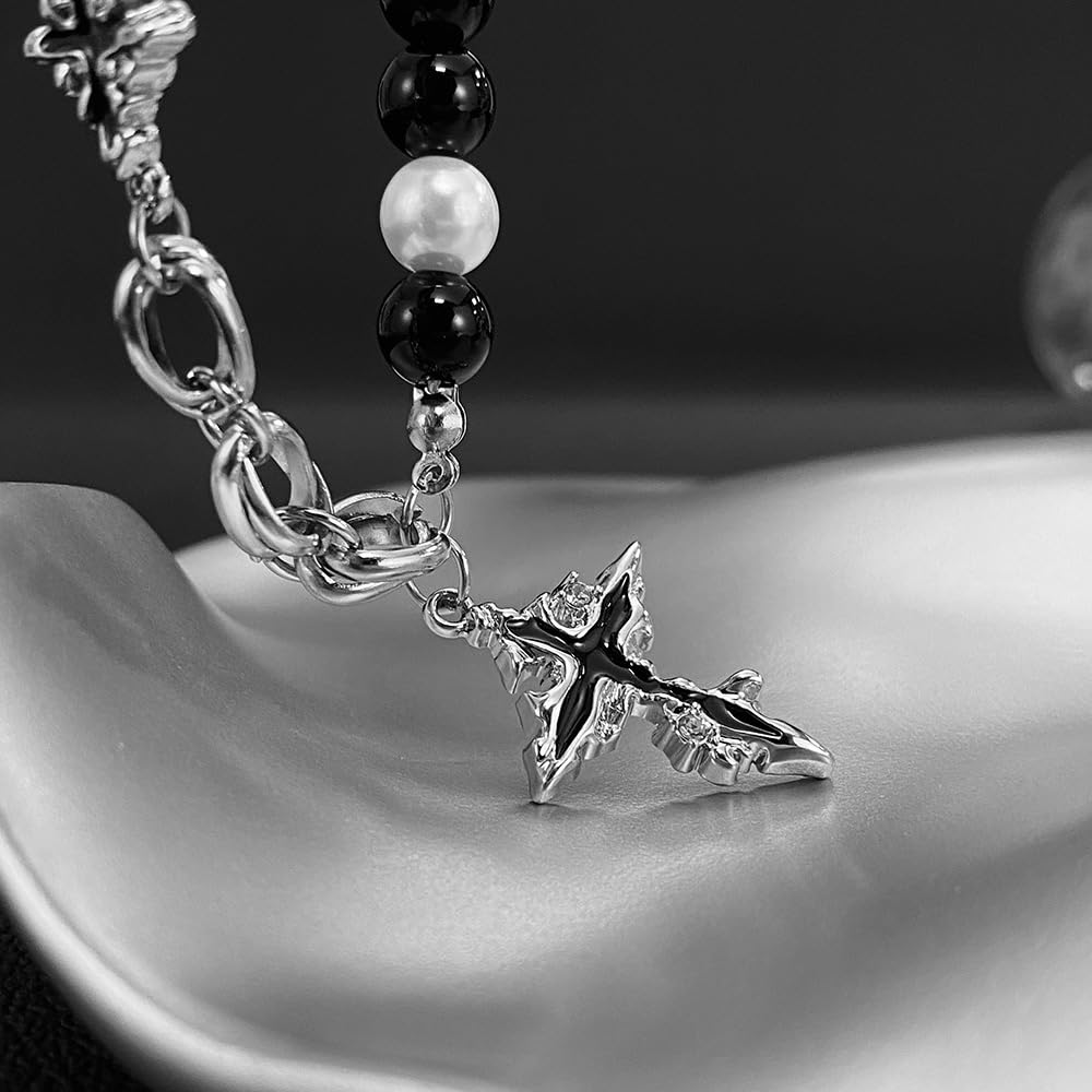 Cross Stainless Pearl Volcanic Rock Silver Chain Long Vintage Cross Gift [Rockyu] Men's Necklace, Steel, & Beads, Pendant, Necklace, Style, Accessory,