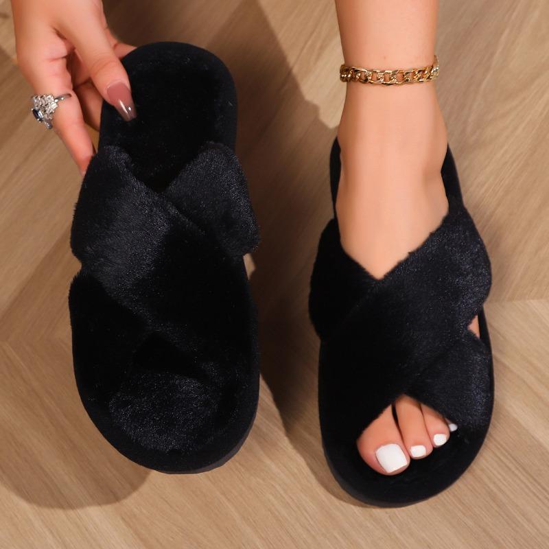 Slippers cross opening spring and autumn home non-slip flat bottom couple style fashionable simple open-toed fluffy slippers