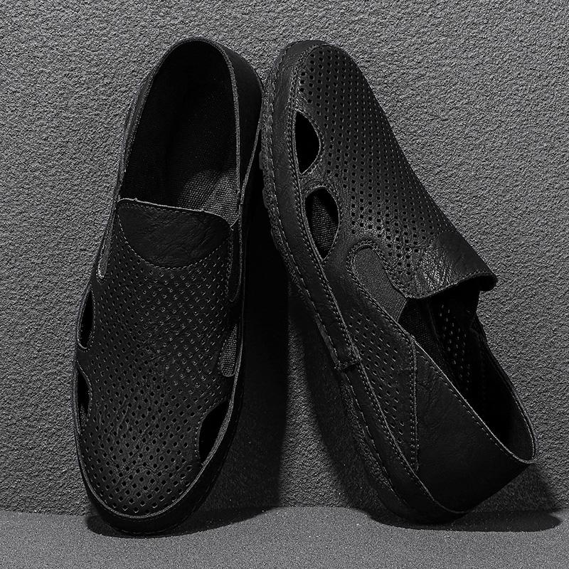 Fashion Outdoor Sandals for Men Summer Slip on Shoes Microfiber Leather Male Casual Shoes Hollow Out Loafers Breathable Driving Footwear