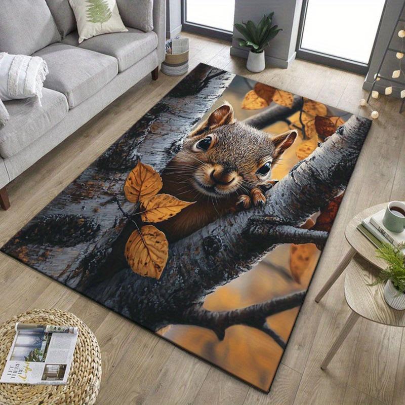 Cute Squirrel Rug for Nature Lovers Forest Animal Themed Carpets, Cozy Living Room Decor Anti slip carpet can be machine washed