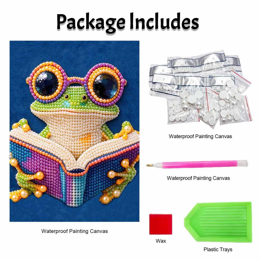 Cute Reading Frog Pearl Art Canvas with Frame 3D Shiny Bead Painting for Modern Room Decor, Relaxing Craft and Unique Creative Gift Idea