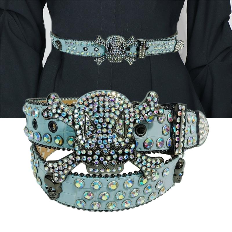 Harajuku Waist Belt Shinning Rhinestone Buckle Belts for Woman Men Rhinestone Skull Decor Waist Strap for Jeans Dress