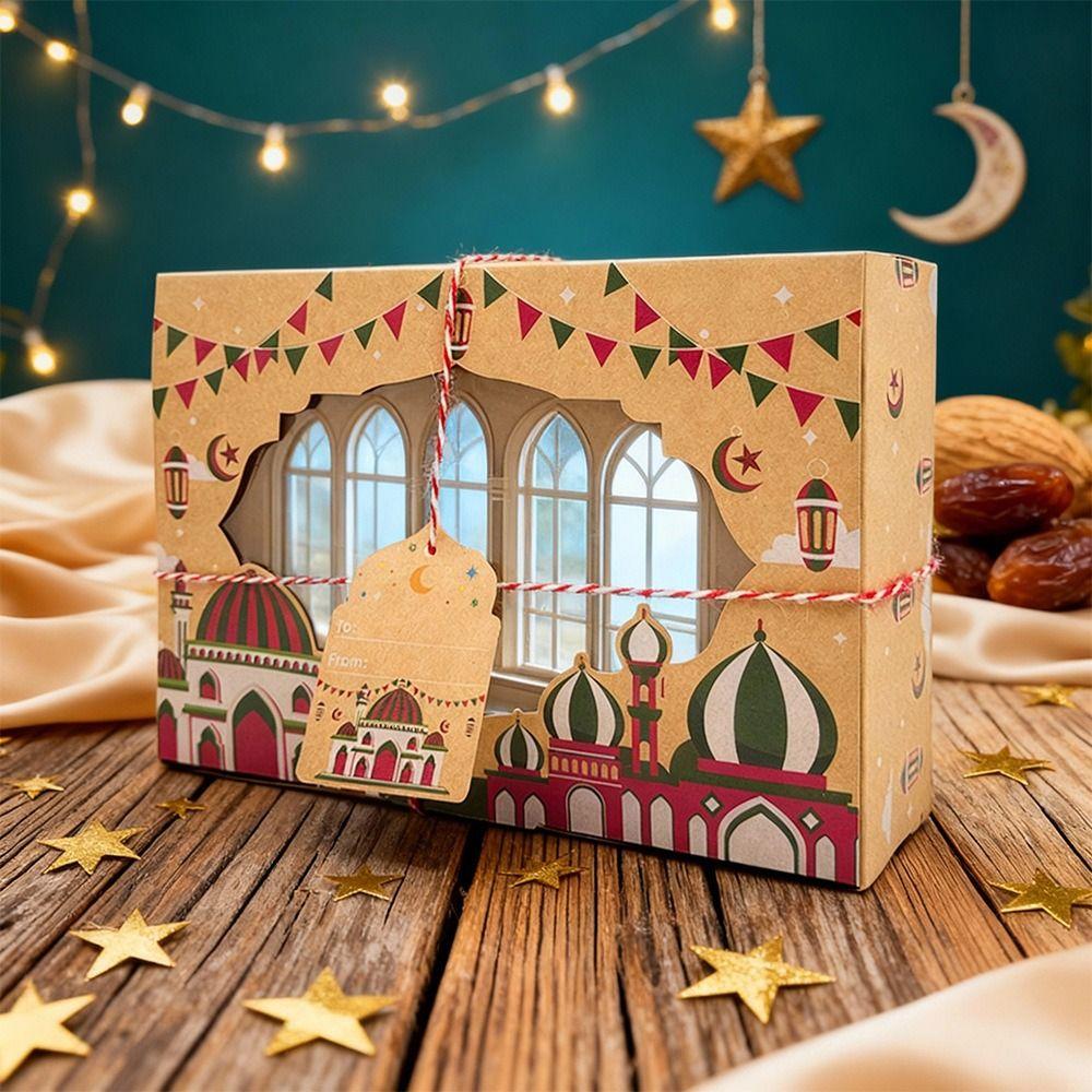 3PCS Multicolor Eid Mubarak Packaging Boxes Kraft Paper PVC Window Ramadan Gift Box Mixed Pattern Rectangle Packing Box