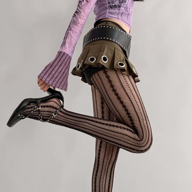 Women Sexy Hollowed Lace Solid Pantyhose Stockings Vintage Rhombus Striped Geometric Jacquard Fishnet Tights Leggings