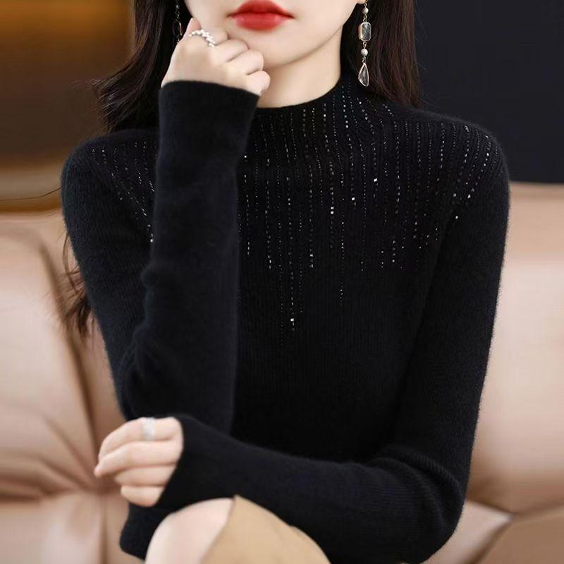 2025 Autumn/Winter Women's Rhinestone Cashmere Sweater - Semi-High Neck & Slimming Fit