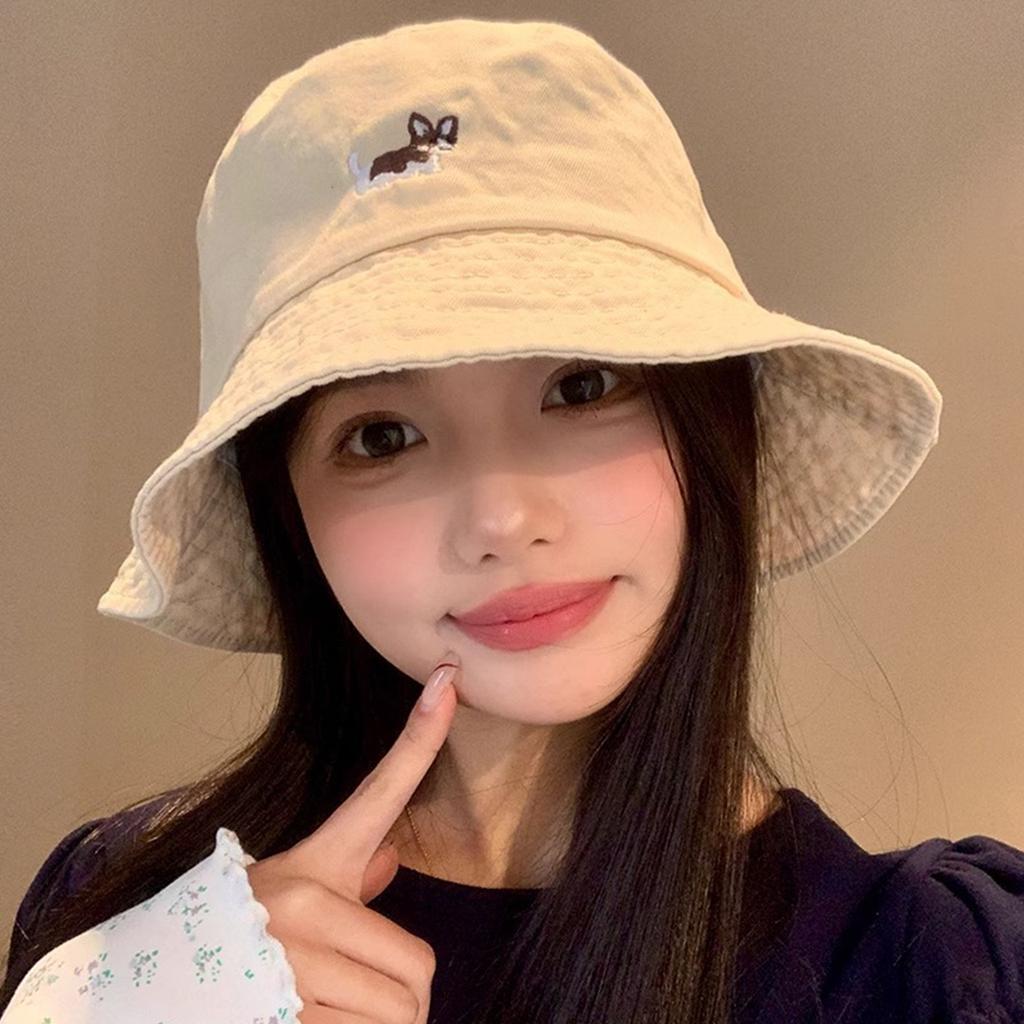 Cute Cartoon Dog Embroidery Fisherman Hat for Women Solid Color Cotton Sunshade Bucket Hat Ladies Girl Outdoor Travel Tour Caps