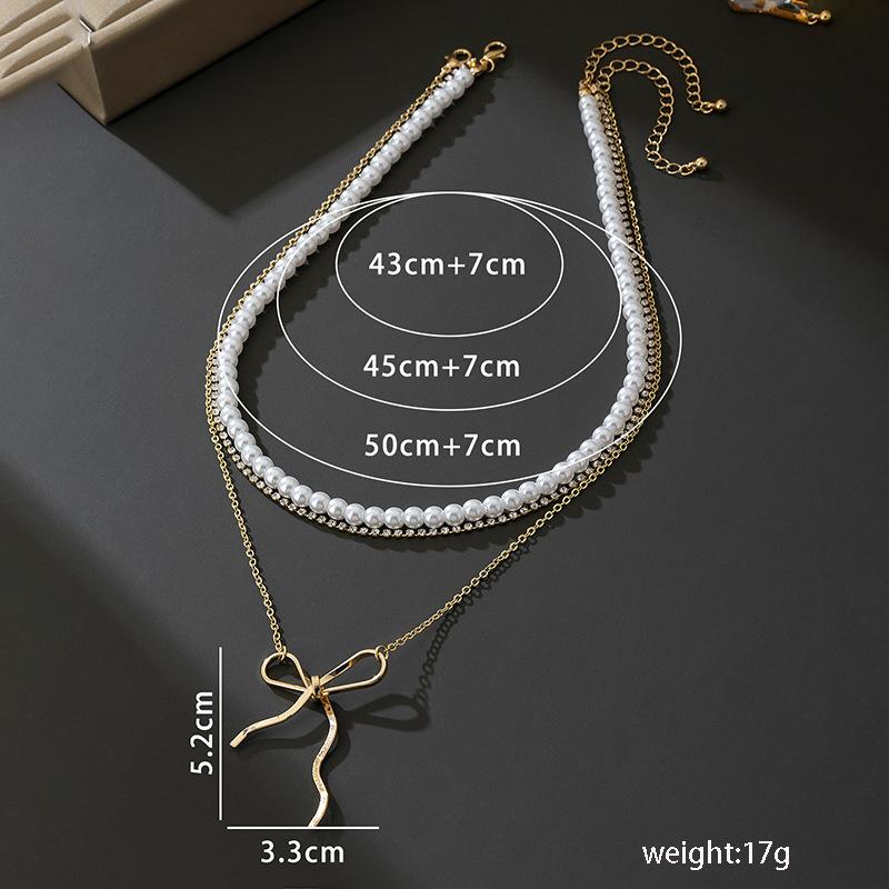 Jewelry retro imitation pearl multi-layer chain stacked necklace versatile temperament bow collarbone chain women