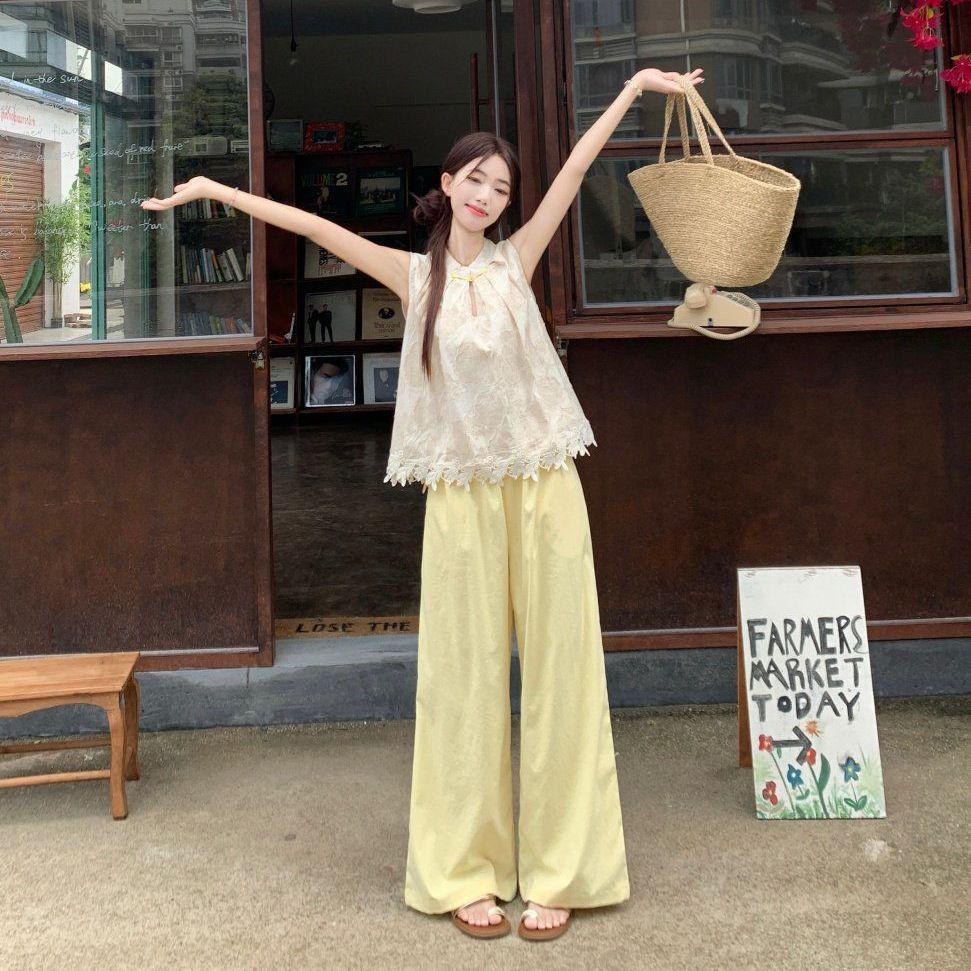 Women s Ethnic-Style Frog Button Crochet Top & Wide-Leg Pants Set - Summer 2026 Retro Fashion 2XL Recommend【65-72.5kg】